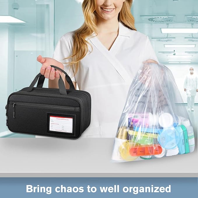 SITHON Pill Bottle Organizer Medicine Storage Bag Medication Travel Carrying Case Manager with Handle, Detachable Pockets Modular for Medications, Vitamins, Medical Supplies (Black)