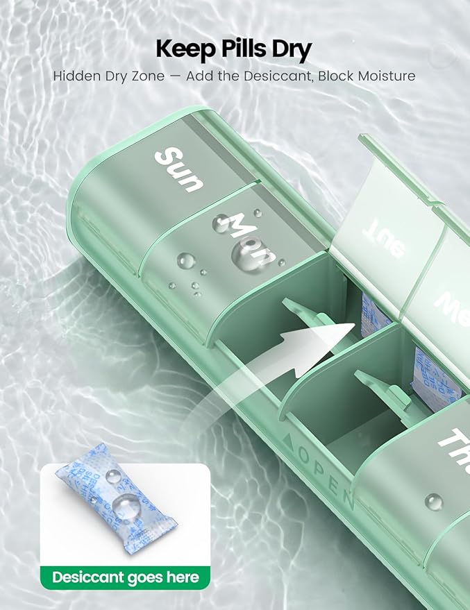 Weekly Pill Organizer, 7 Day Pill Box with Moisture-Proof Desiccant Chamber, Compact Daily Medicine Pill Case, Easy Open, Portable Handle for Vitamins & Supplements