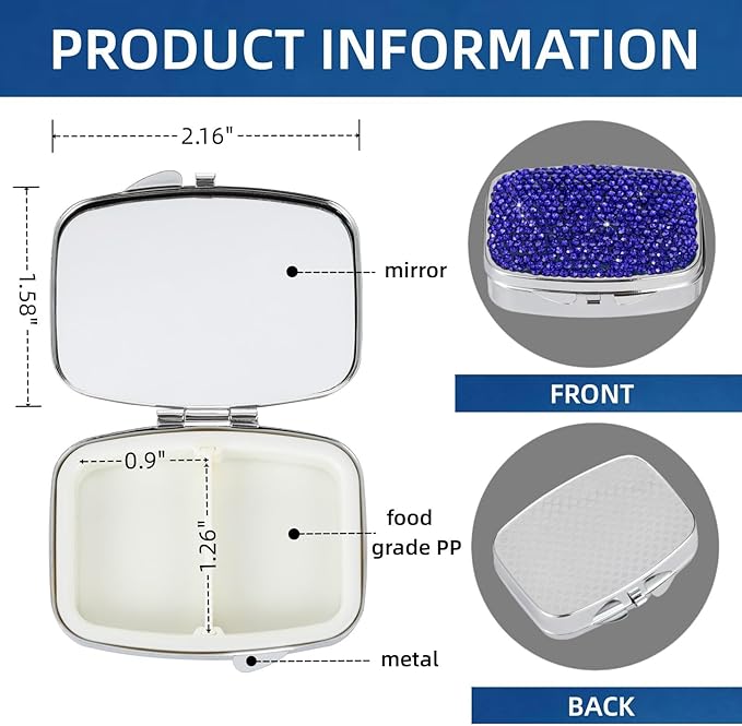 Pocket Pharmacy Bling 2 Compartment Medicine Organizer Small Cute Pill Container Travel Pill Box Case for Purse Square Vitamin Holder for Pocket(Dark Blue)