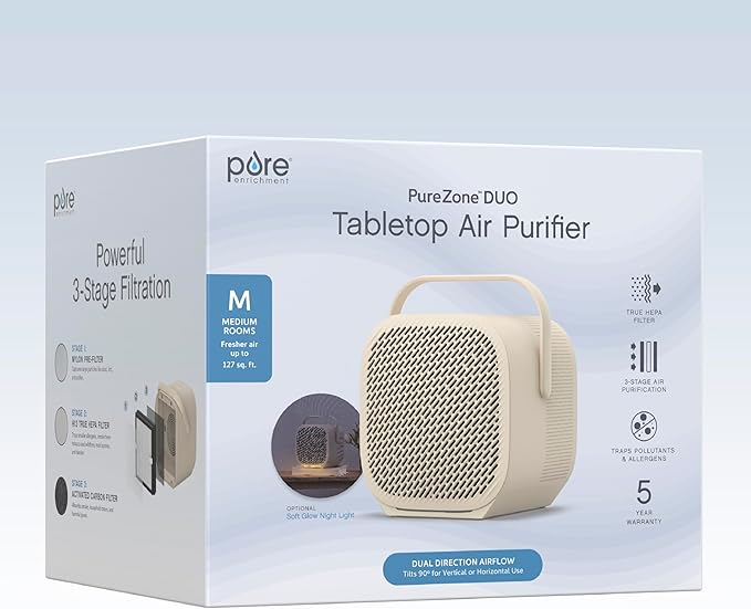 Pure Enrichment PureZone DUO Tabletop Air Purifier – True HEPA, Dual Direction Airflow, 3-Stage Filtration Captures Dust, Smoke, Odors - Large Rooms up to 615 sq. ft. (Sweet Oat)