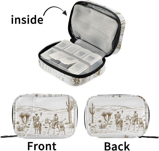 Ollabaky American Wild West Desert Cowboys Cactus Pill Organizer Travel Pill Cases Bag Portable Pill Container 7 Days Pill Box Organizer Vitamin Supplement Holder with Zipper for Family