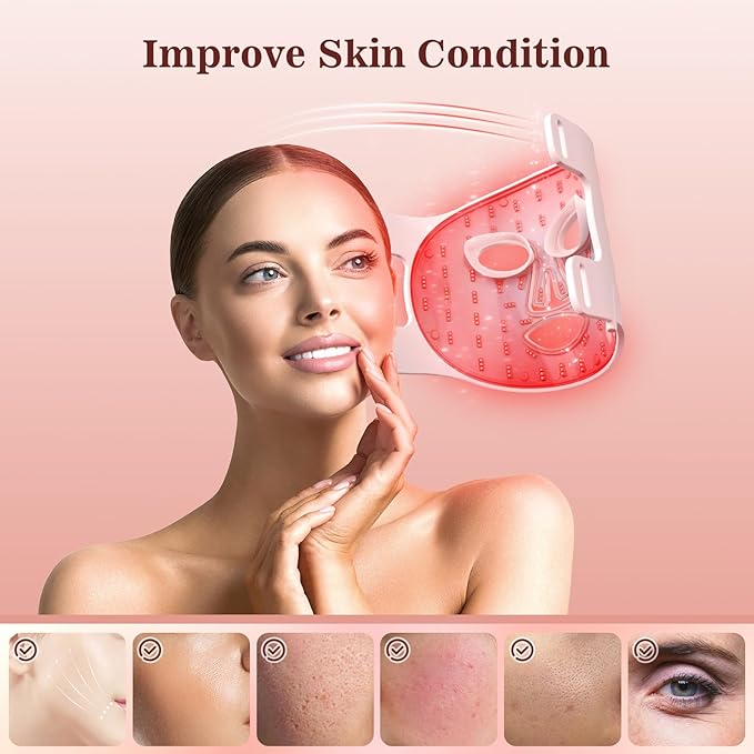INTEO Red Light Therapy for Face, 3 Modes Portable Led Face Mask Light Therapy with Remote, Infrared Light Mask with Timing Function, Led Light Therapy At Home, Pink