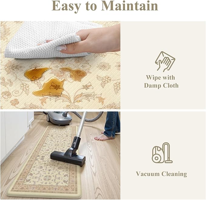 KIMODE Cushioned Padded Kitchen Mats for Floor,Anti Fatigue Memory Foam Kitchen Mat Waterproof,Boho Vintage Kitchen Rugs Sets of 2 Non Slip for Laundry Office Home Decor,Beige