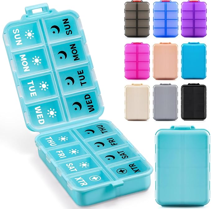 Foldable Weekly Pill Organizer 2 Times a Day with 2 Extra Compartments (Clear Printed Labels) - Portable 7 Day AM PM Medicine Box, Week Daily Travel Pill Case Holder for Vitamin, Supplement - Sky Blue