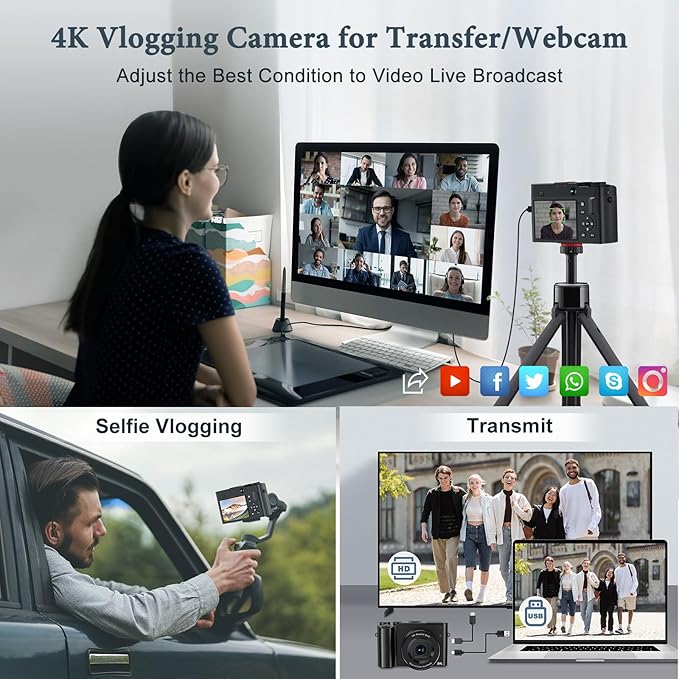 4K Digital Camera, 64MP Rear and Front Camera for Photography and Video Autofocus Anti-Shake, 3'' Selfie Flip Vlogging Camera with Ultra Bright Flash, Camera with Dial 16X Zoom (2 Batteries+Charger)