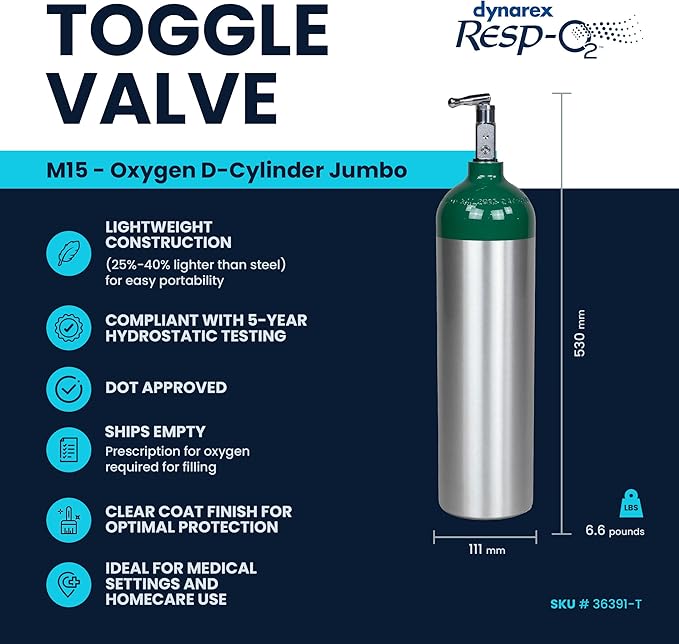 Dynarex Resp-O2 M15 Oxygen D-Cylinder with CGA 870 Toggle Valve – 2.9L Jumbo Size Oxygen Cylinder - Lightweight Aluminum Portable Tank with 440L Oxygen Capacity