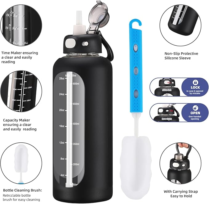 SIEROZUR 32 oz Glass Water Bottle with Straw and Handle 1 Liter Glass Water Bottle with Silicone Sleeve and Time Marker Sports Water Jug Wide Mouth for Travel Gym