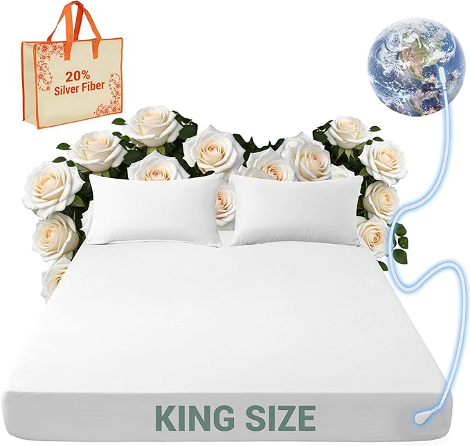 Grounding Sheets King, 80% Organic Cotton + 20% Silver Fiber, Grounding Sheets Can Improve Sleep and Sub-Health, Anti-Static Grounding Well Bed Sheets with 15 ft Gounding Wire(White,76"x80"x13")