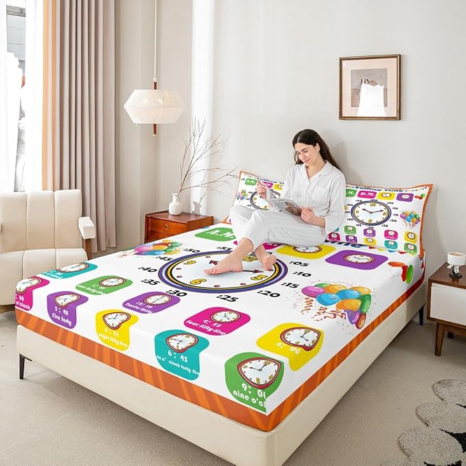 Educational Fitted Sheet Full, Time Learning Bedding Set for Kids Boys Girls - Lightweight Bed Cover (No Flat Sheet)