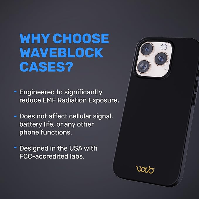 WAVEBLOCK EMF Protection Silicone iPhone Case, Radiation Blocker Cell Phone Case, 5G Shield Reduction, Lightweight, USA Patented and Tested in FCC Lab, iPhone 16 Pro Black