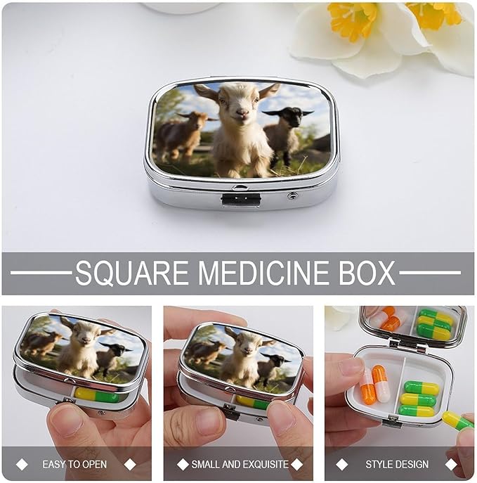 Cute Goat Pill Box 2 Compartment Portable Pill Case Daily Square Pill Organizer for Pocket Purse Daily Medicine Container to Hold Vitamins Fish Oil Travel Gifts
