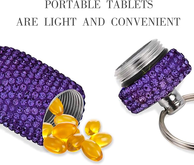 GOUWEIBA 2 Pieces Bling Pill Container Portable Pill Bottle Case Waterproof Travel Medicine Box Crystal Diamond Mini Pill Holder Storage with Keychain for Outdoor Camping Traveling (Yellow, Purple)