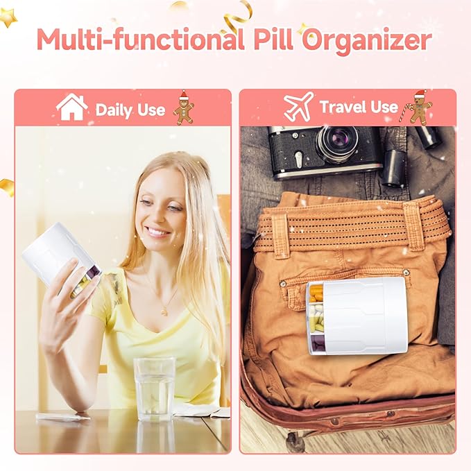 Daviky Pill Bottle Organizer, Supplement Organizer with 7 Large Compartments, Travel Pill Dispenser Round Pill Box with Two Lids（Pink