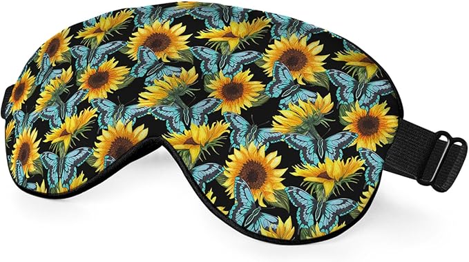 Silk Sunflower Butterfly Sleep Eye Mask, Blue, Adjustable Buckle, Soft Eye Shade Cover for Men Women Kids Travel