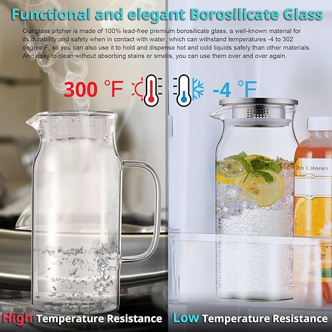 Bivvclaz 2 Pack 2 Liter 68 oz 2.1 Qt Glass Pitcher with Lid and Handle, Water Pitcher for Fridge, Glass Carafe for Hot/Cold Water, Large Iced Tea Pitcher for Coffee, Juice and Homemade Beverage