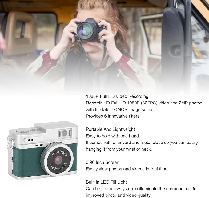 Zunate Mini Keychain Camera 1080P FHD with 32GB Card, Retro Digital Camera with 0.96 Inch Color Screen, 6 Filters, LED Flash, Portable Vintage Video Recorder for Travel Study Kids Gift (Green)