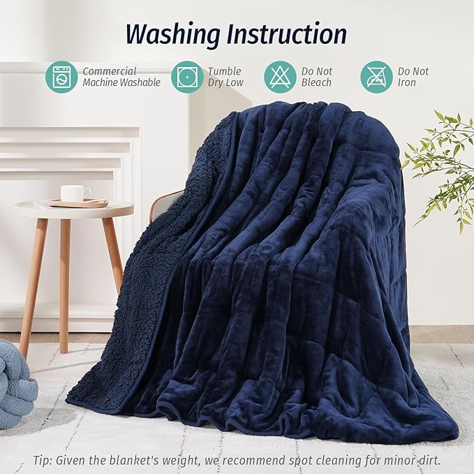 Wemore Sherpa Fleece Weighted Blanket for Adult, 15 lbs Dual Sided Cozy Fluffy Heavy Blanket, Ultra Fuzzy Throw Blanket with Soft Plush Flannel Top, 60 x 80 inches Navy Blue on Both Sides