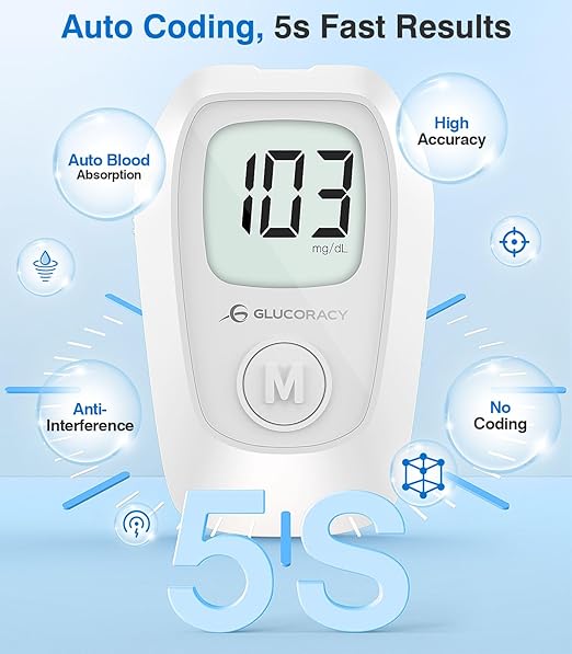 Glucoracy G-425 Blood Glucose Monitor Kit, Blood Sugar Test Kit with Lancing Device, 50 Test Strips and 50 Lancets, Glucose Meter for Home Use, Diabetes Home Testing Kit
