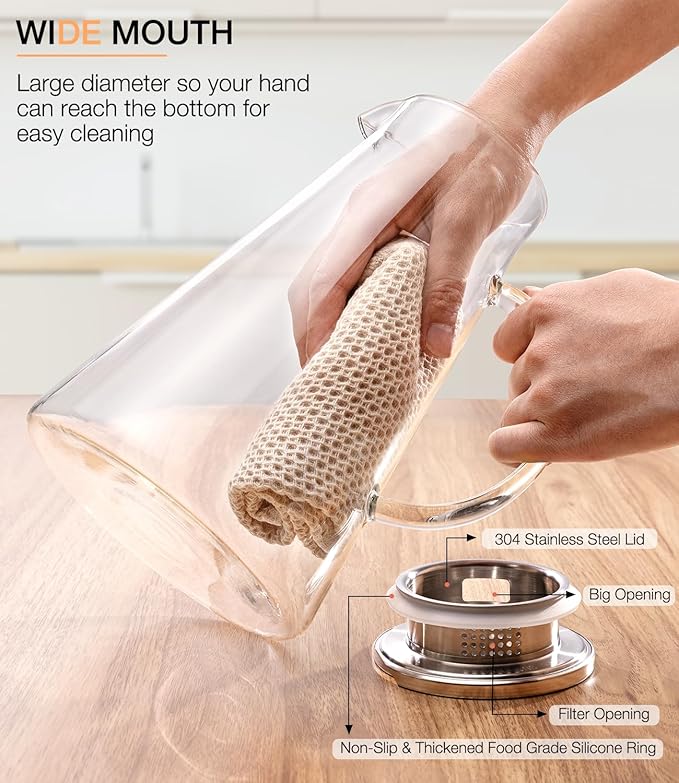 Glass Pitcher with Lid and Handle, 2 Liter 68oz Water Pitcher with Spout for Fridge, Borosilicate Glass Jug for Hot/Cold Drink, Large Ice Tea Carafe for Juice, Coffee, Sangria, Beverage