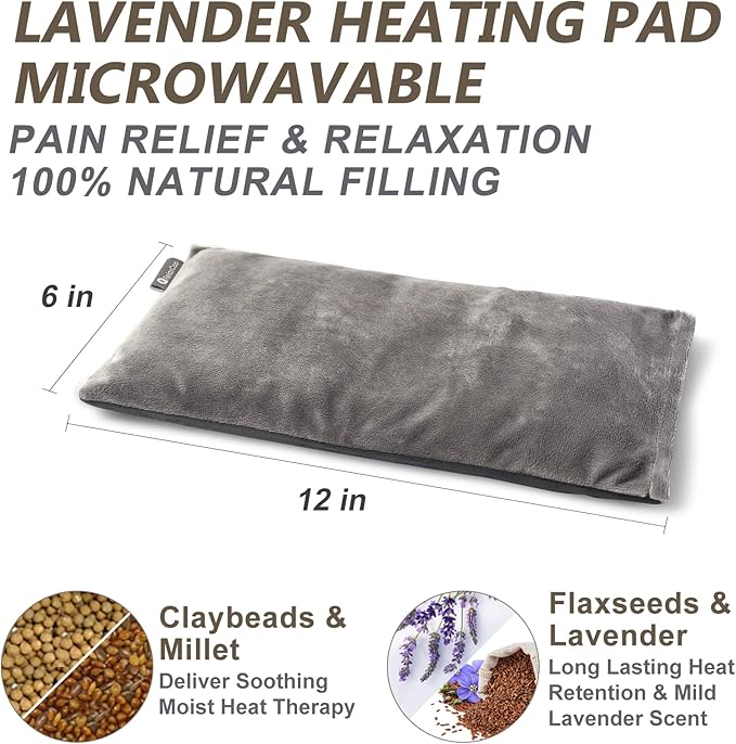 Heating pad Microwavable with Washable Cover 6 * 12" Microwave Moist Heat Pad for Neck Shoulder, Cramps, Back Pain Relief, Warm Compress Rice Bean Bag Hot Pack for Muscles, Joints, Lavender