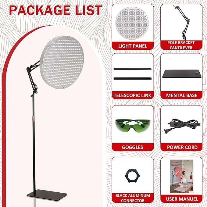 Round Red Light Therapy for Face and Body, Adjustable Height Stand, 660nm Red Light Therapy & 850nm Infrared Light Therapy Device，Skin Beauty