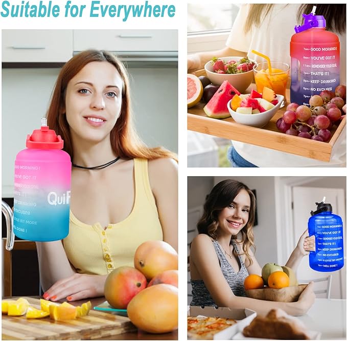 QuiFit 1 Gallon Water Bottle - with Straw & Motivational Time Marker Leak-Proof BPA Free Reusable Gym Sports Outdoor Large(128OZ/73OZ) Capacity Water Jug