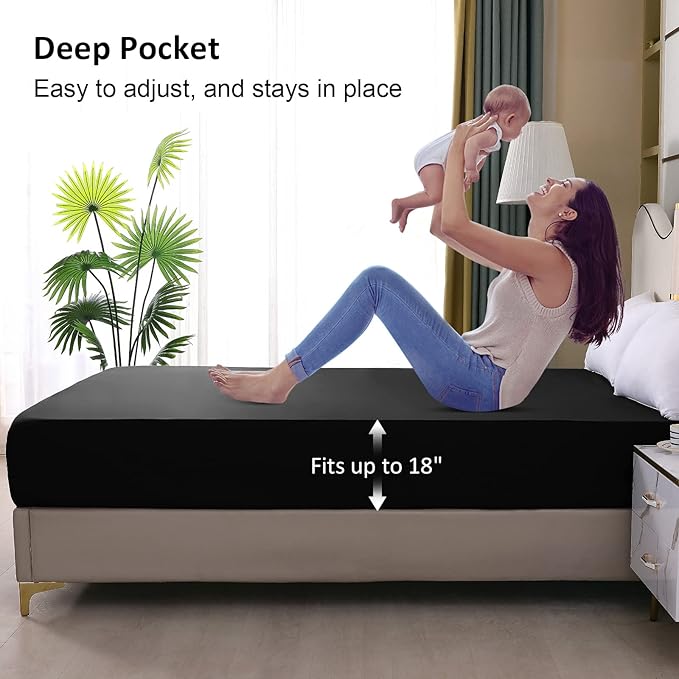 Waterproof Mattress Protector King Size, Fitted Sheet Style Breathable Mattress Cover with Deep Pocket Fits Up to 18'', Machine Washable Noiseless Bed Cover for Kids Adults Pets (Black, 76'' X 80'')