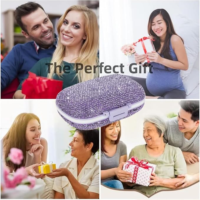 Daily 6 Compartments Pill Box Container Bling Diamond for Purse Medicine Container Holder for Women Travel Kit Medicine (Purple)