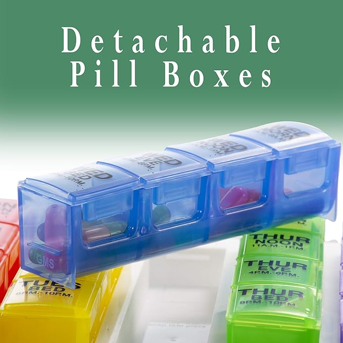 GMS 7 Day Pill Organizer Tray - Large with Removable Daily Pill Boxes with 4 Compartments Each for Storing and Organizing Prescriptions and Other Meds - Rainbow