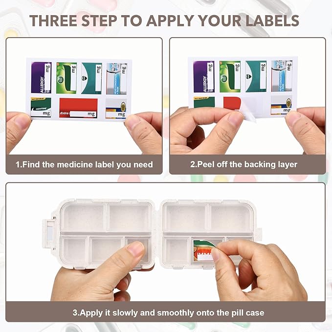 Travel Pill Organizer with Medicine Labels, Travel Pill Box Mini Medicine Organizer Daily Pill Container 10 Compartments Purse Pill Case (White, 189 Lables)