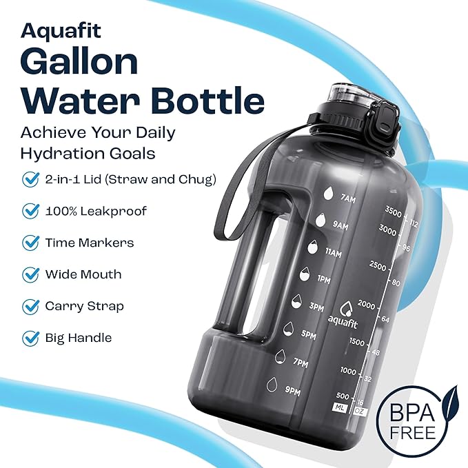 AQUAFIT 1 Gallon Water Bottle with Time Marker - Straw & Chug Lid - BPA Free Gym Water Bottle with Straw - Big Gallon Jug (Nebula, 128 oz - 2in1 Lid)