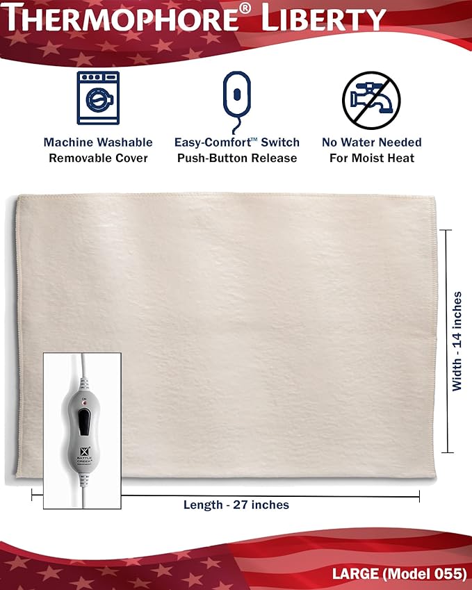 Assembled in The USA - Thermophore Liberty - Moist Heating pad for Arthritis, Back, Neck, Shoulder Pain and Cramps Relief - Electric with auto Shut Off, Large 14" x 27"