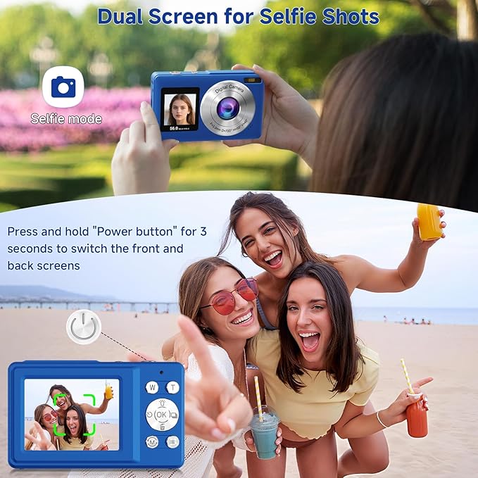 Digital Camera, 56MP 2.7K Dual-Screen Selfie Camera with 16X Zoom, 20 Filters & Anti-Shake, Portable Point and Shoot Digital Cameras with 32GB Card, Compact Travel Cameras for Beginners Teens Kids