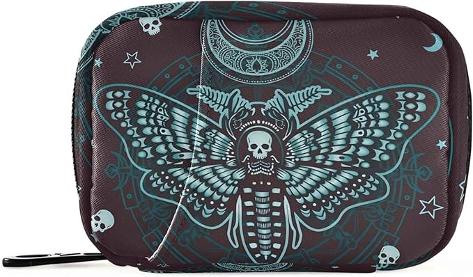 Travel Pill Organizer Bag Weekly Pill Organizer Case Gothic Skull Butterfly Portable Small Daily Pill Boxes for Vitamin Fish Oils Supplement Holder with Zipper Compact Size