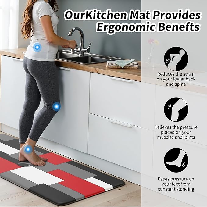 Black Red Grey White Kitchen Rug Anti-Fatigue Kitchen Mat for Floor Abstract Art Geometric Waterproof Non-Slip Kitchen Mat and Rug PVC Kitchen Floor Rug Mat for Home Sink Laundry, 17.3"x 59"