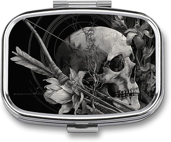 Metal Pill Organizer – 2-Compartment Pocket Pill Box for Vitamins, Supplements, Medications – Compact Travel Case (Skull Arrows with Lilies)