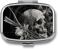 Metal Pill Organizer – 2-Compartment Pocket Pill Box for Vitamins, Supplements, Medications – Compact Travel Case (Skull Arrows with Lilies)