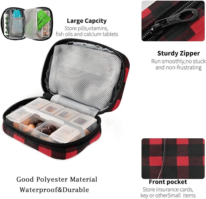 Fustylead Red and Black Buffalo Plaid Travel Pill Organizer Case Zipper for Purse with Removable Weekly Pill Box for Medicine, Vitamin, Supplement Medicine Organizer