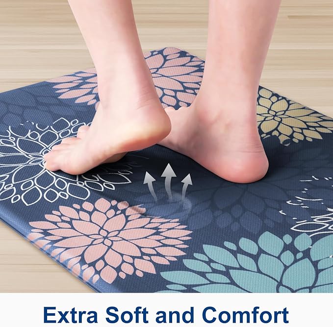 StepLively Kitchen Mats, 2 PCS Cushioned Anti-Fatigue Floral Pattern, Oeko-TEX Certified Washable Non-Slip Standing Mats for Kitchen, Office, Sink & Laundry (17.3"x30"+17.3"x59", Blue)