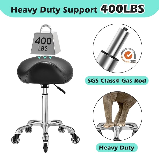 Saddle Stool Chair with Wheels, Ergonomic Thicker Saddle Seat Design for Healthy Sitting Posture, PU Leather, Rolling Saddle Stool with Silent Rubber Wheels Adjustable for Salon Massage Home, Black