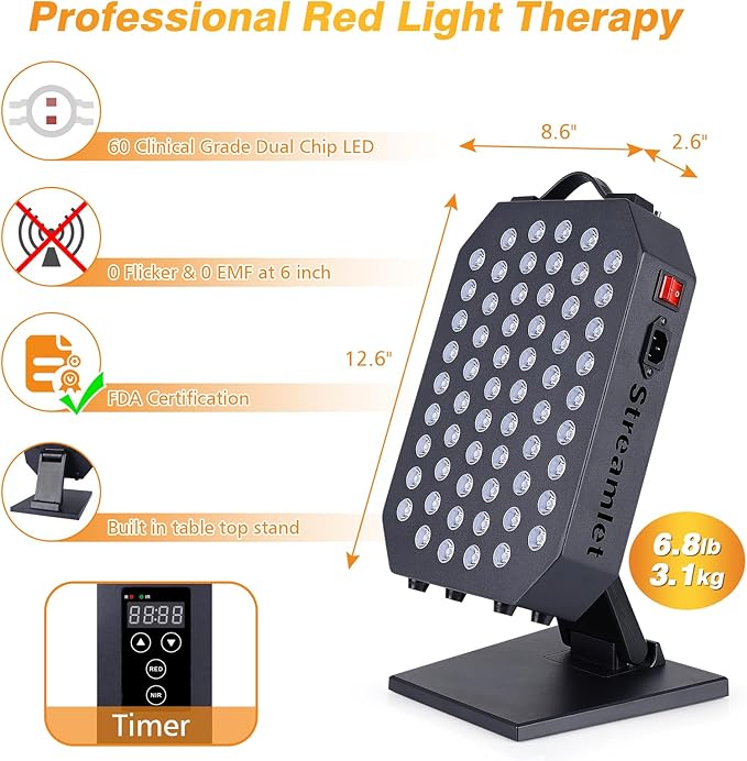 Red Light Therapy Panel for Face, Body, 660nm 850nm Near Infrared Light with Timer, Hanging Kit, 60 Dual Chip Clinical Grade LEDs for Skin Health, Recovery, Pain, Improve Sleep, Energy