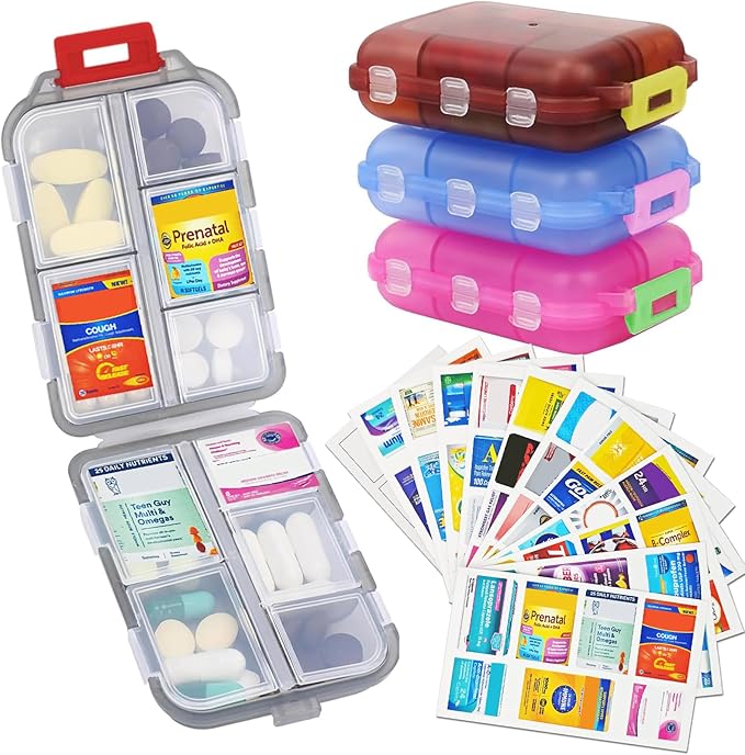 4PCS 7-Day Pill Organizer with Labels – Travel Pill Case, Daily Medication Organizer | Compact & Secure | Fits in Pocket/Purse (3.7” x 2.4”)
