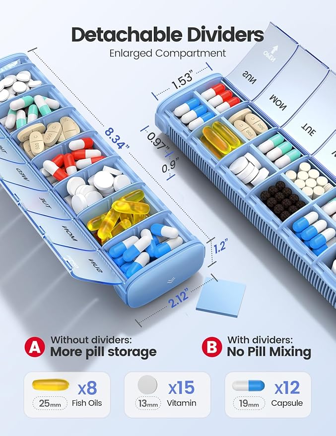 VAYDEER Metal Weekly Pill Organizer – Moisture-Proof Travel Pill Organizer with Built-in Desiccant Chamber and Airtight Lids – Large-Capacity Pill Box for Vitamins, Medicines & Supplements (Purple)