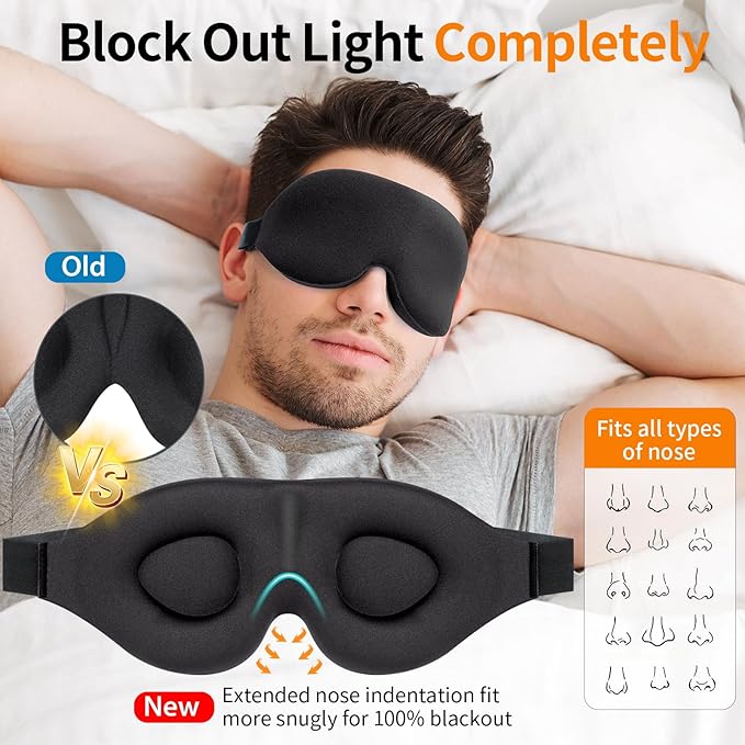 Sleep Mask for Side and Back Sleeper, Super Soft Relaxing Eye Mask for Sleeping Padded with Memory Foam, 100% Light Blocking Blindfold (Black & Blue)