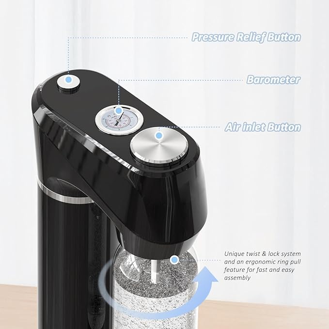 Home Sparkling Water Soda Maker with 2 BPA-Free Bottles (1L + 0.5L) - Carbonated Water Seltzer Fizzy Drink Machine, Compatible with Screw-In 60L CO2 Carbonator (Not Included), Black