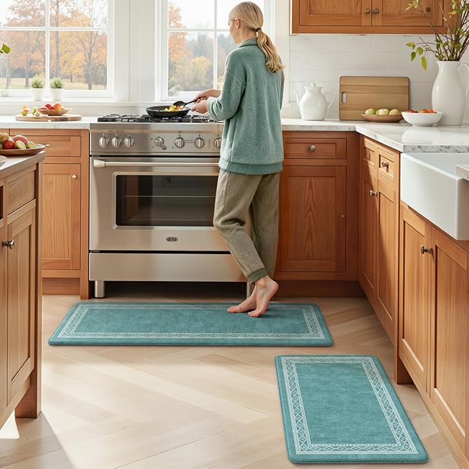 KIMODE Anti Fatigue Kitchen Mats 17"x47"+17"x29", Farmhouse Memory Foam Kitchen Floor Mats Non Slip, Turquoise Kitchen Mats for Floor, Waterproof Standing Mats for Laundry Office Sink Desk