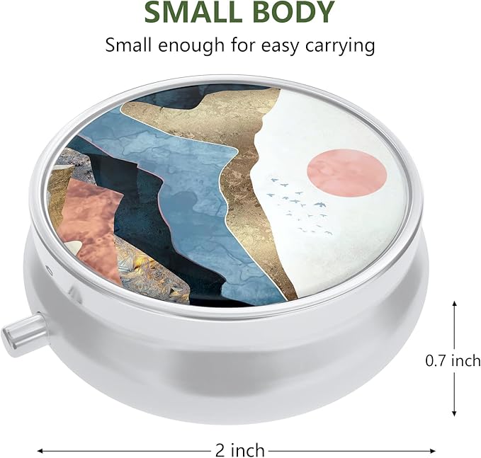 Nipichsha Pill Box, Small Pill Case for Purse & Pocket, Cute Travel Medicine Organizer, Portable Medicine Container Holder to Hold Vitamins, Medication, Fish Oil & Supplement, Watercolor Sunrise