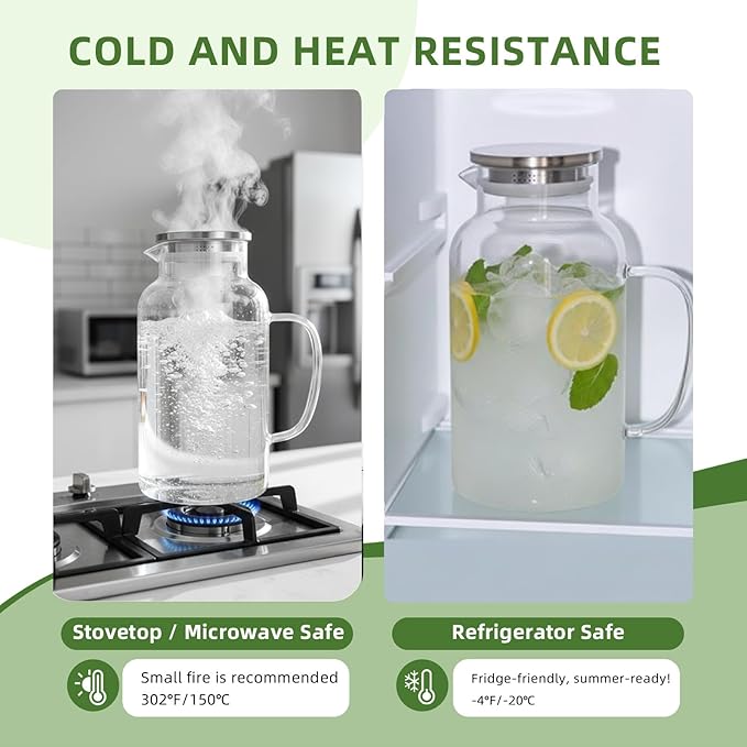 Glass Pitcher, 1 Gallon/3.8L Glass Water Pitcher with Lid and Spout, Heat/Cold Resistant Borosilicate Glass Water Carafe for Coffee, Juice and Homemade Beverage