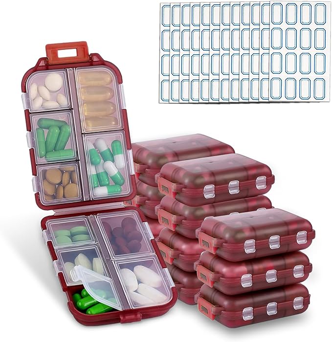 INVODA 12PCS 10-Compartment Pill Organizer BPA-Free Travel Pill Case with Daily Labels Portable Medicine Box for Vitamins, Supplements & Jewelry