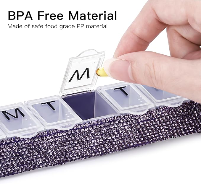 Soleebee Portable Weekly 7 Day Pill Organizer, Bling Crystal Pill Box Case, Travel Pill Planner, Pill Dispenser, Medicine Vitamin Container Organizer (Purple)